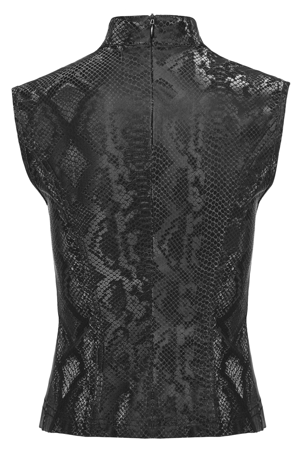 Back view of a sleeveless black snake print top with a zip closure for an edgy punk style.