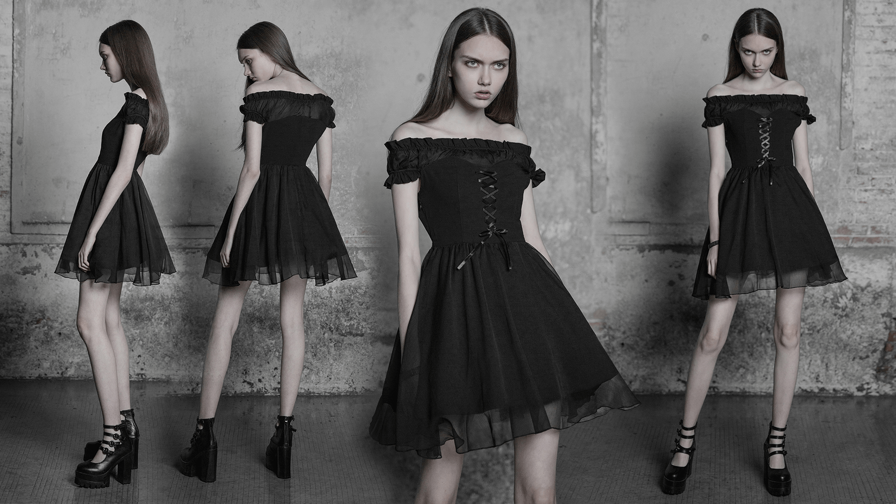 Elegant Punk Rave Gothic Black Off-Shoulder Dress