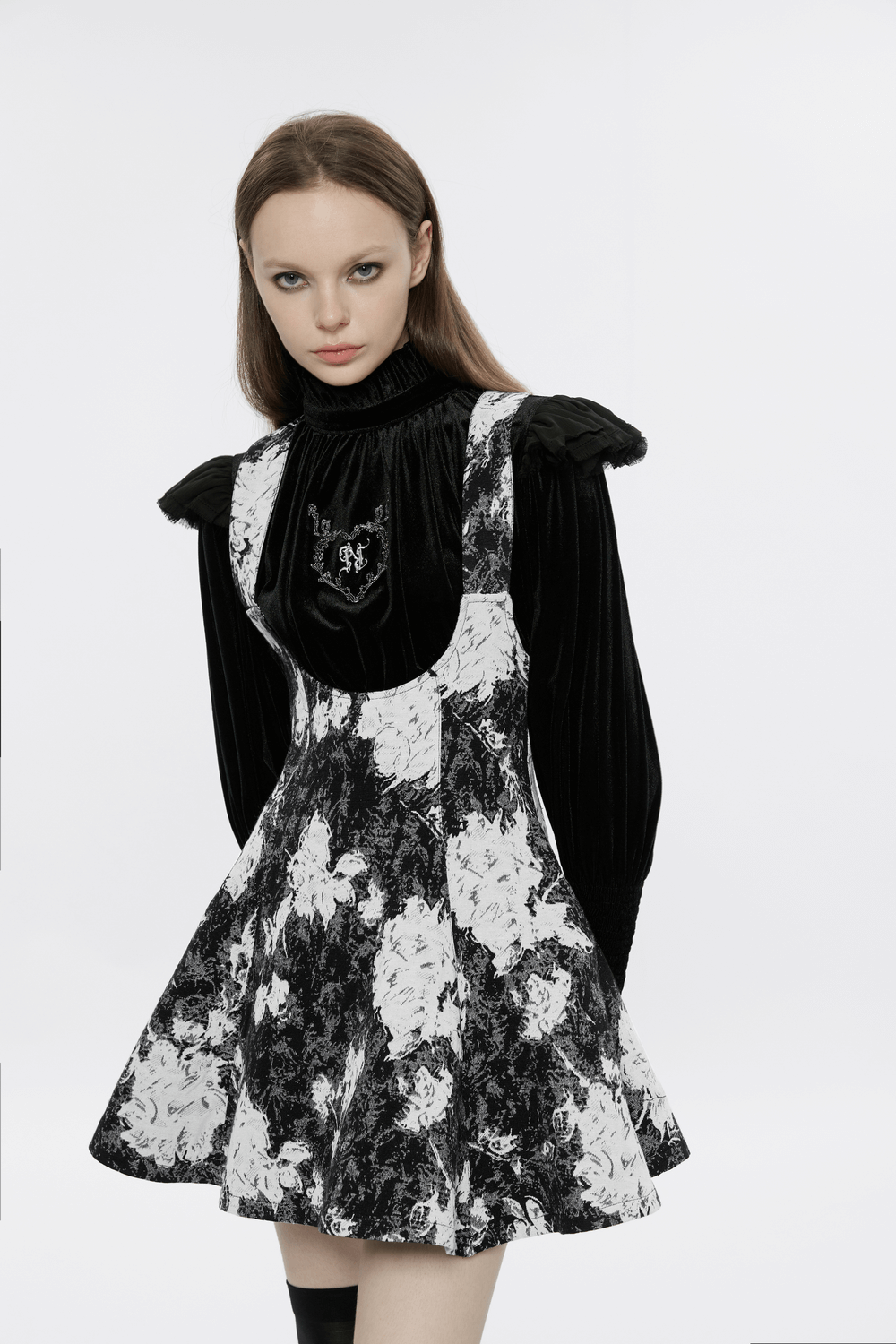 Elegant punk rave gothic dress with floral print and ruffled sleeves, perfect for a stylish dark rose look.