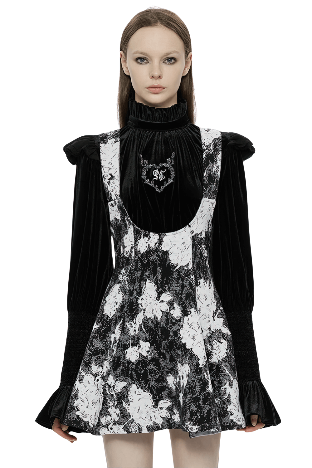 Elegant punk rave gothic dress featuring black and white floral design with velvet top and puffed sleeves.