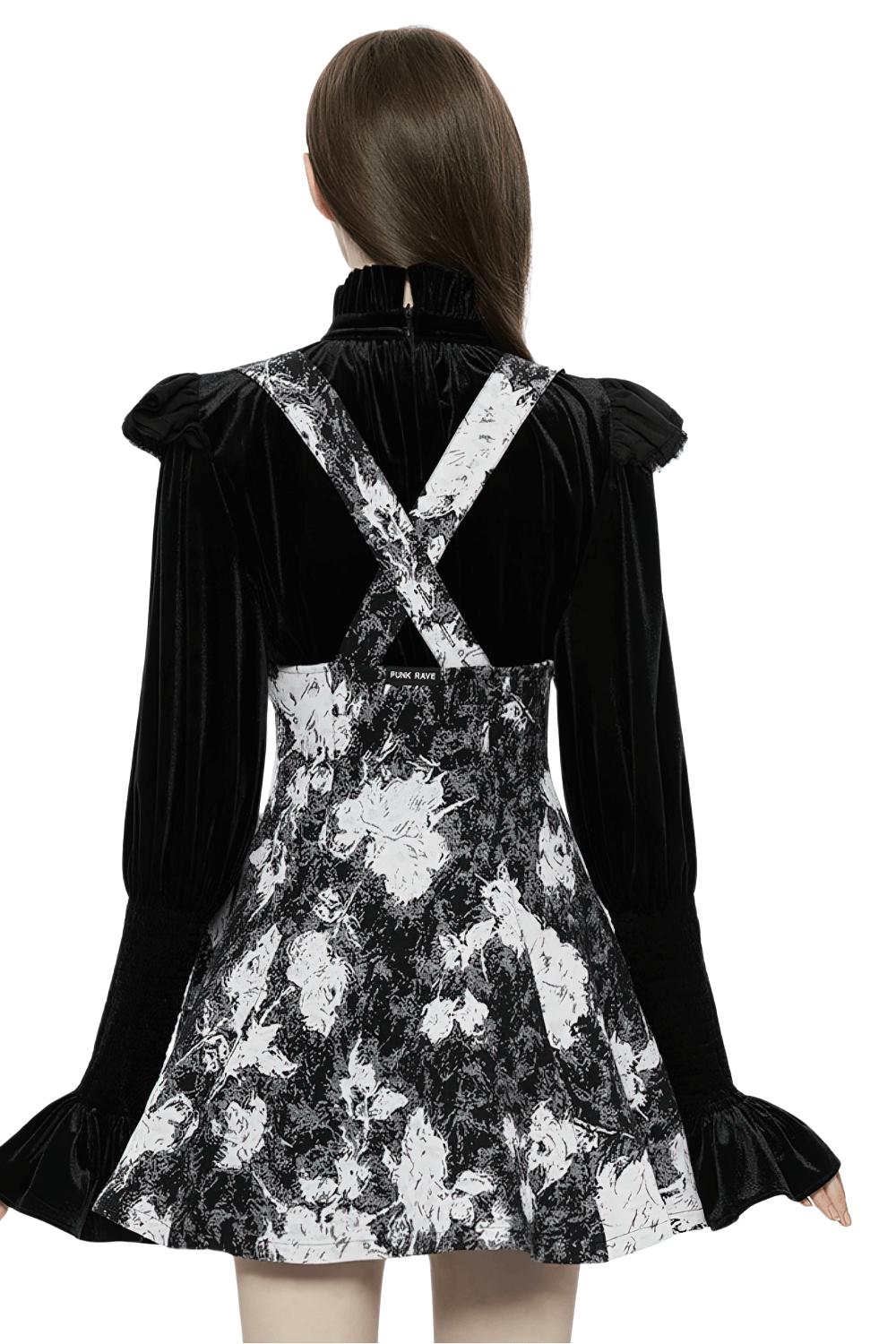 Back view of Elegant Punk Rave Gothic Dark Rose Jacquard Dress with unique cross strap design and floral pattern.
