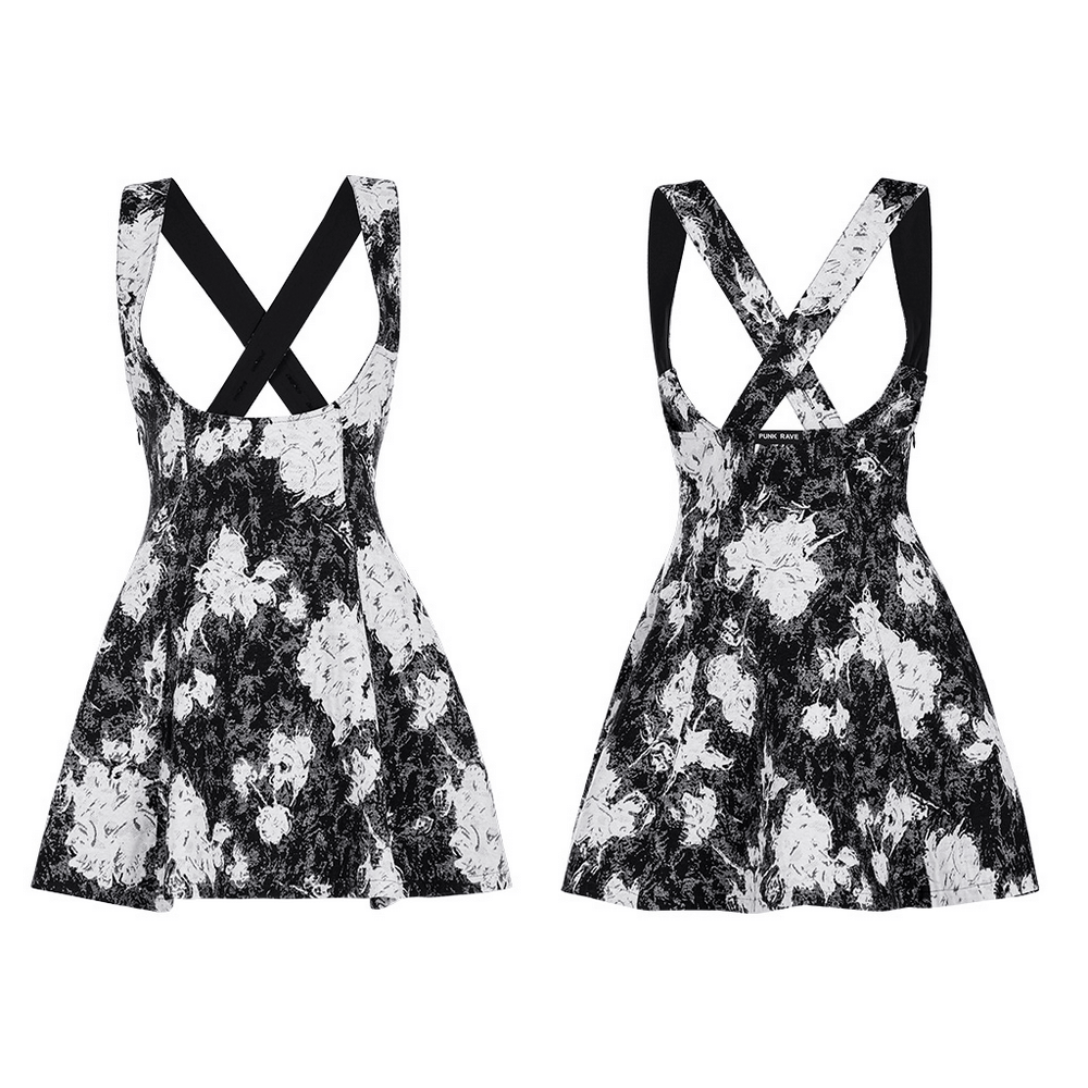 Elegant Punk Rave Gothic dress in black and white floral pattern with crossed straps.