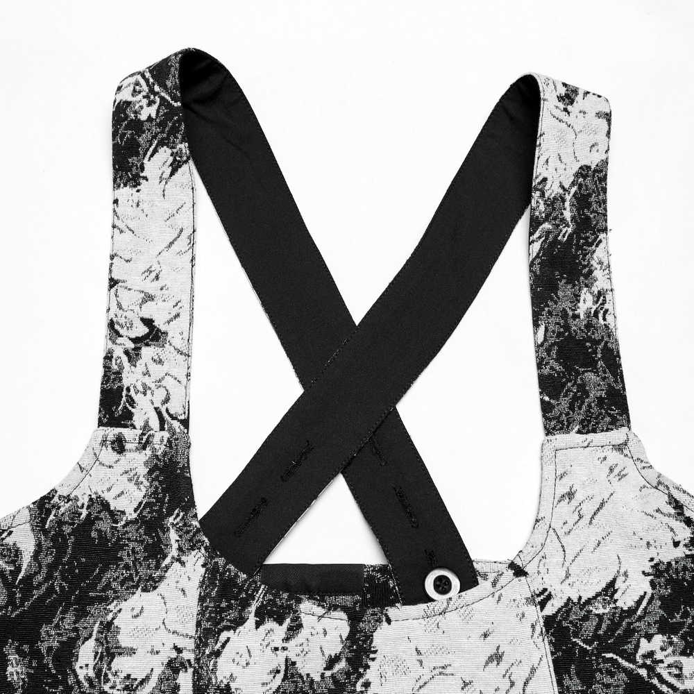 Crossback straps of Elegant Punk Rave Gothic Dark Rose Jacquard Dress in intricate floral pattern.