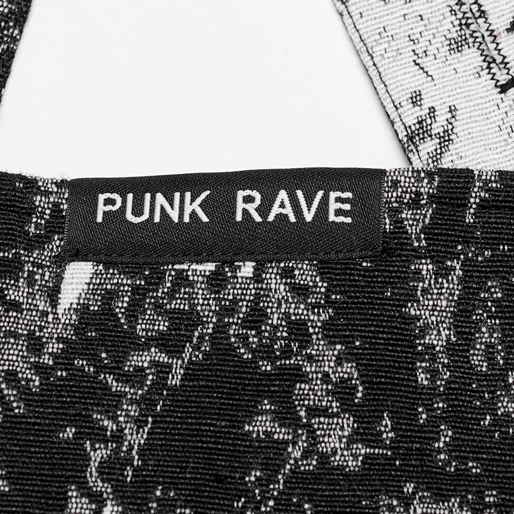 Close-up of the Punk Rave label on the elegant gothic dress showcasing its unique dark rose jacquard fabric.