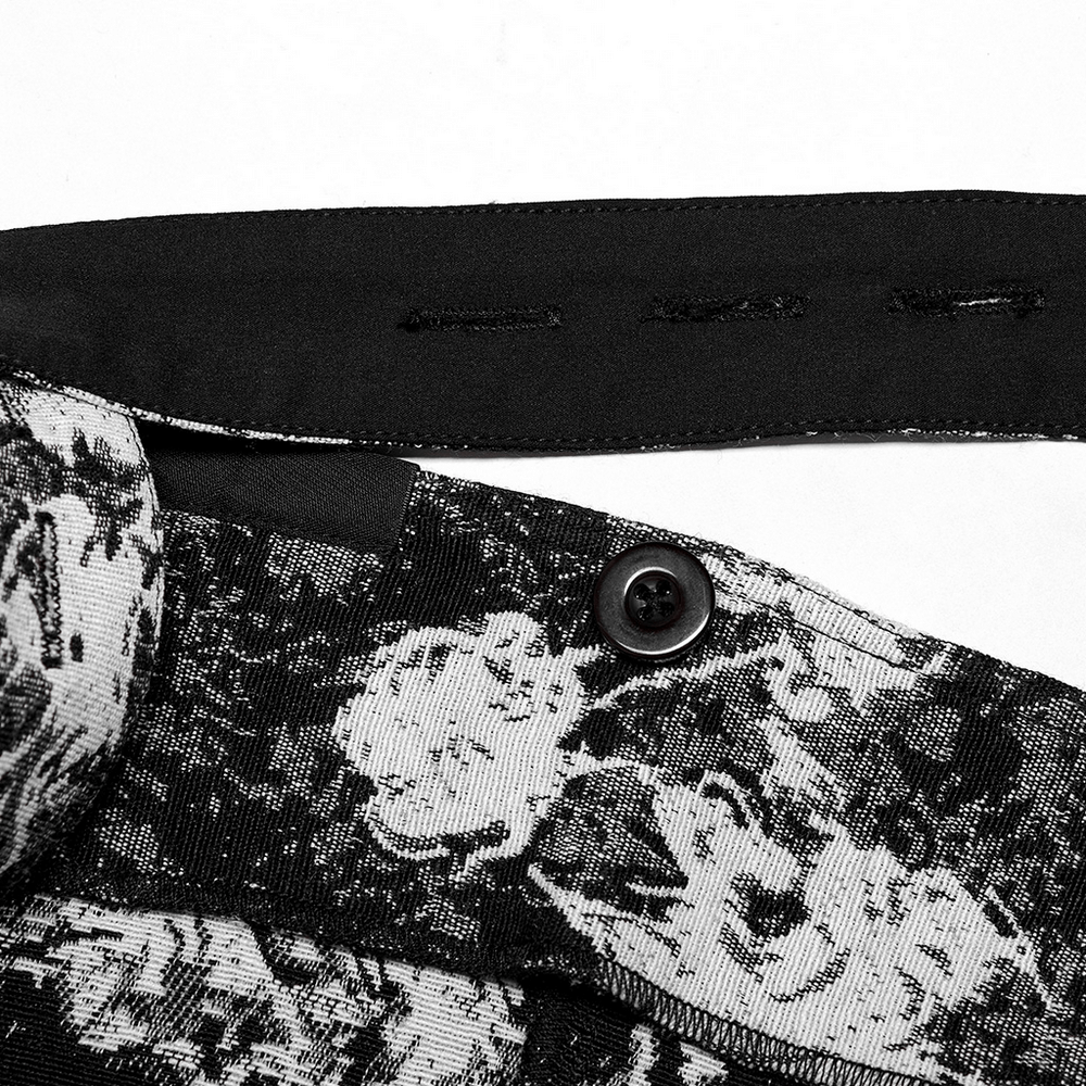 Close-up of the button and waistband detail of the Elegant Punk Rave Gothic Dark Rose Jacquard Dress.