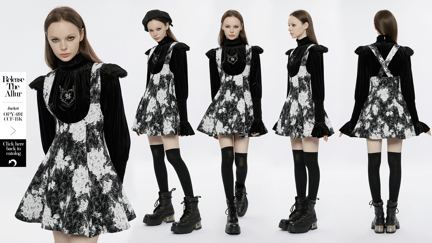 Elegant punk rave gothic dress featuring a black and white floral pattern, ruffled sleeves, and stylish chunky boots.