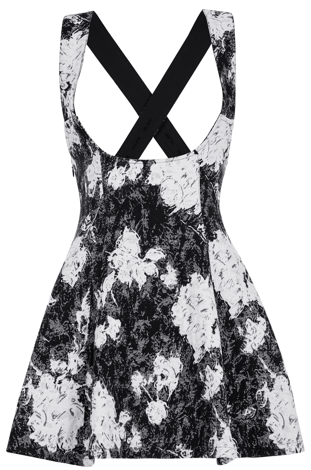 Elegant black and white floral dress with crossed straps and flared skirt design, perfect for stylish occasions.