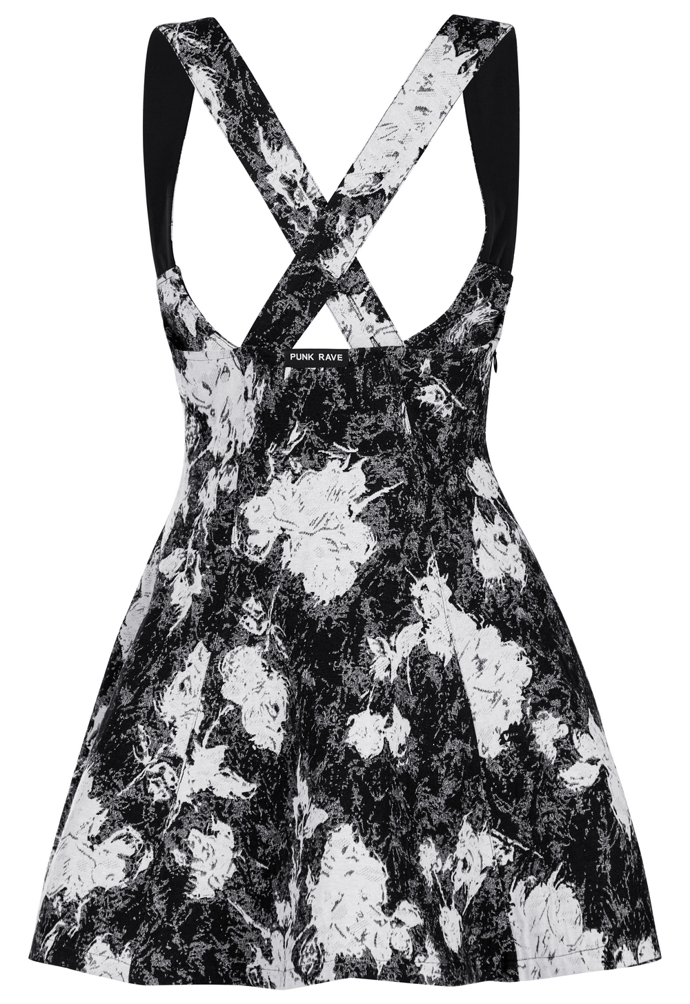 Back view of a Punk Rave dress with crisscross straps and a floral black and white pattern, perfect for a gothic look.