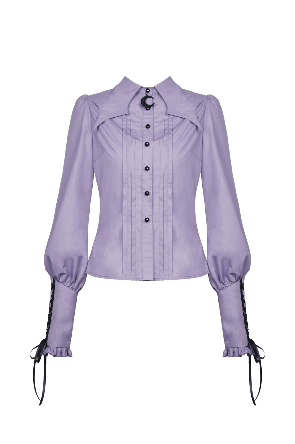 Chic lavender blouse with ruffled sleeves, Victorian-inspired design, and adjustable ties, perfect for any occasion.