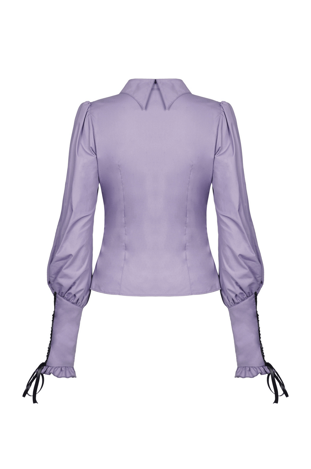 Back view of elegant purple blouse with ruffled sleeves and ties, showcasing Victorian-inspired design and chic lavender color.