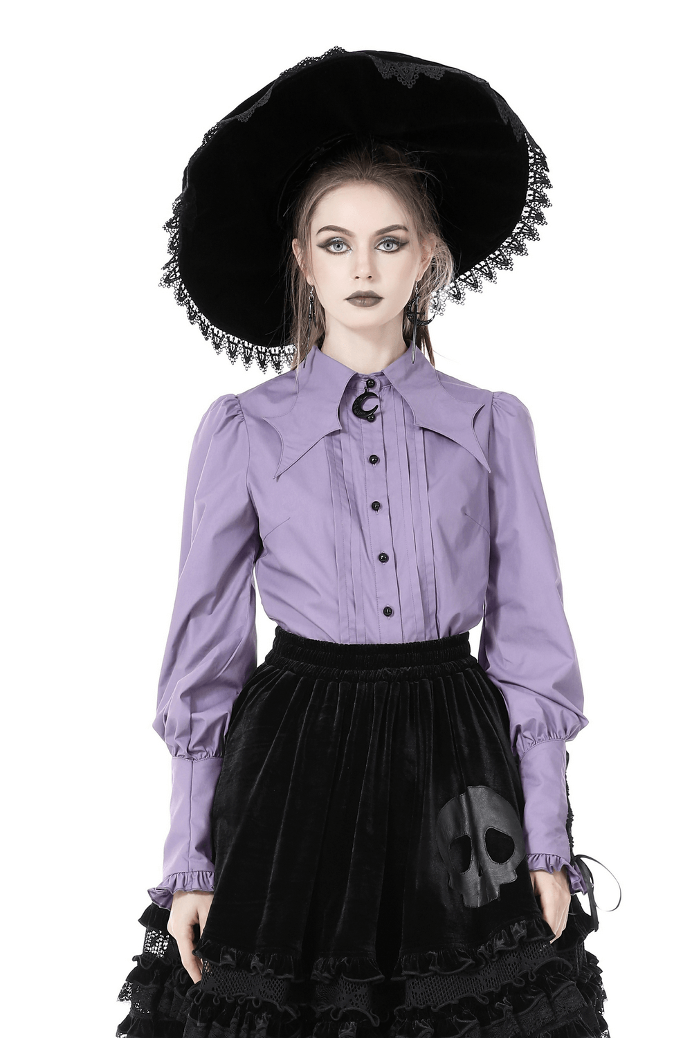 Chic purple Victorian blouse with ruffled sleeves, paired with a black floppy hat for a stylish gothic look.