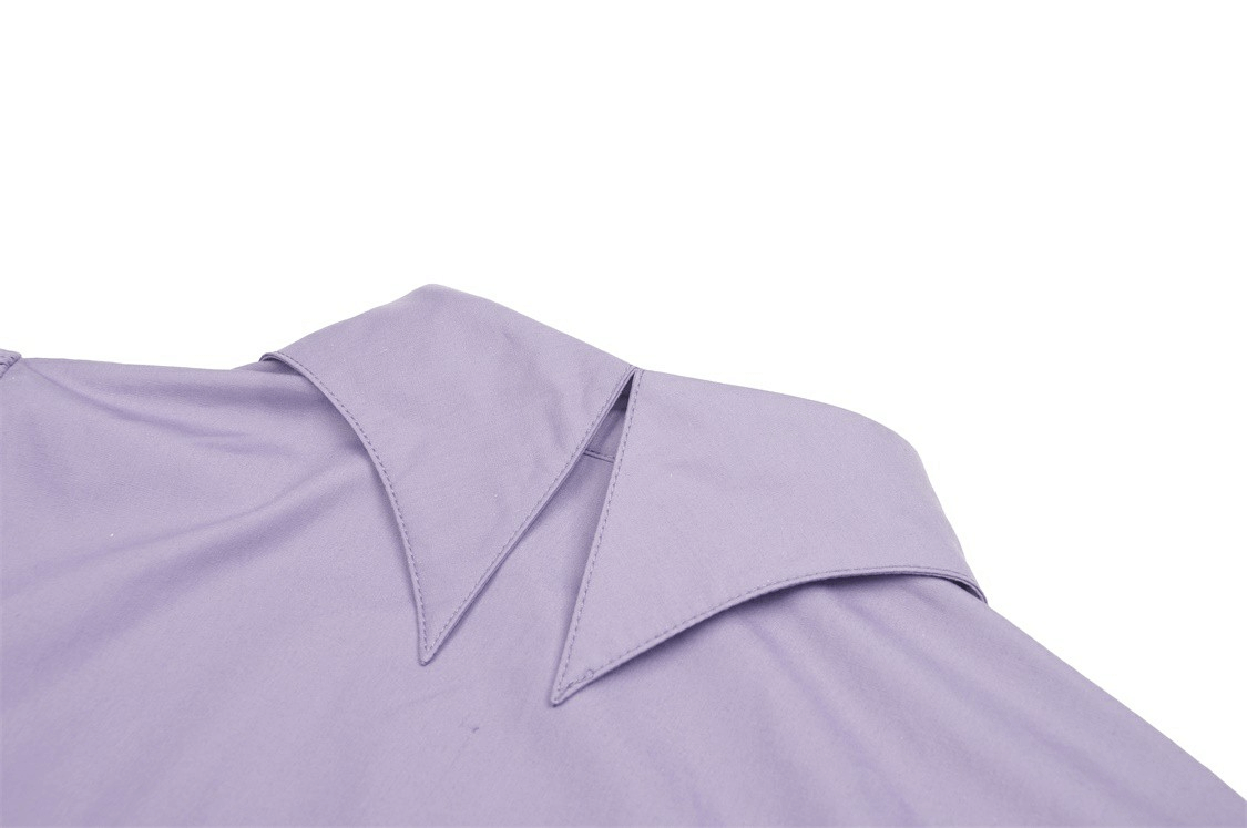 Elegant purple blouse collar with ruffled sleeves and adjustable ties for a chic Victorian-inspired look.