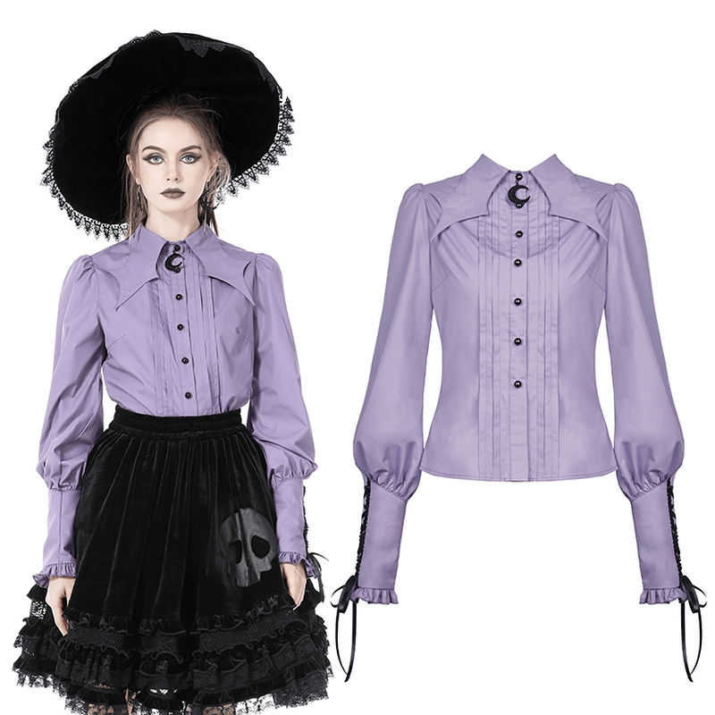 Chic lavender blouse with ruffled sleeves and Victorian-inspired design, worn with a gothic skirt and large hat.