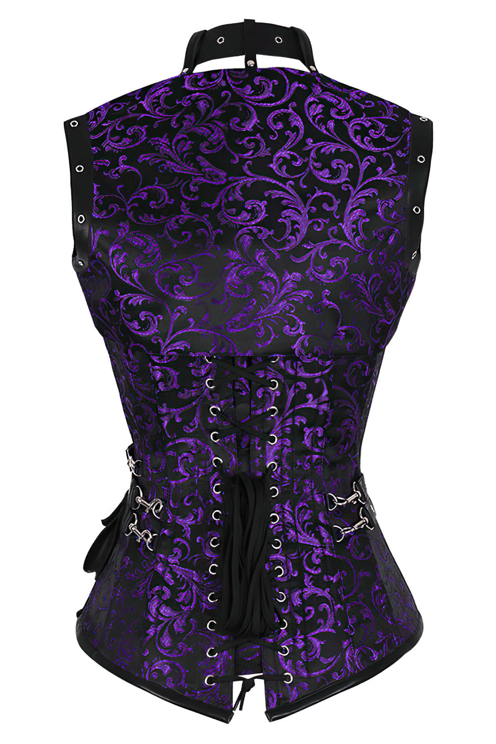 Alt Tag: Elegant Purple Steampunk Overbust Corset With Shrug back view purple brocade scroll pattern steel boned lace-up corset with shrug