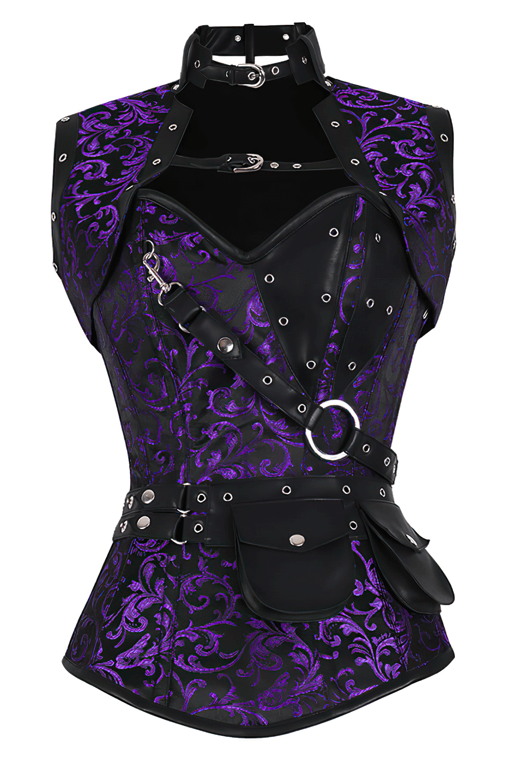 Alt Tag: Elegant Purple Steampunk Overbust Corset With Shrug in purple brocade with scroll pattern, steel-boned waist, faux leather trims, straps & pouch