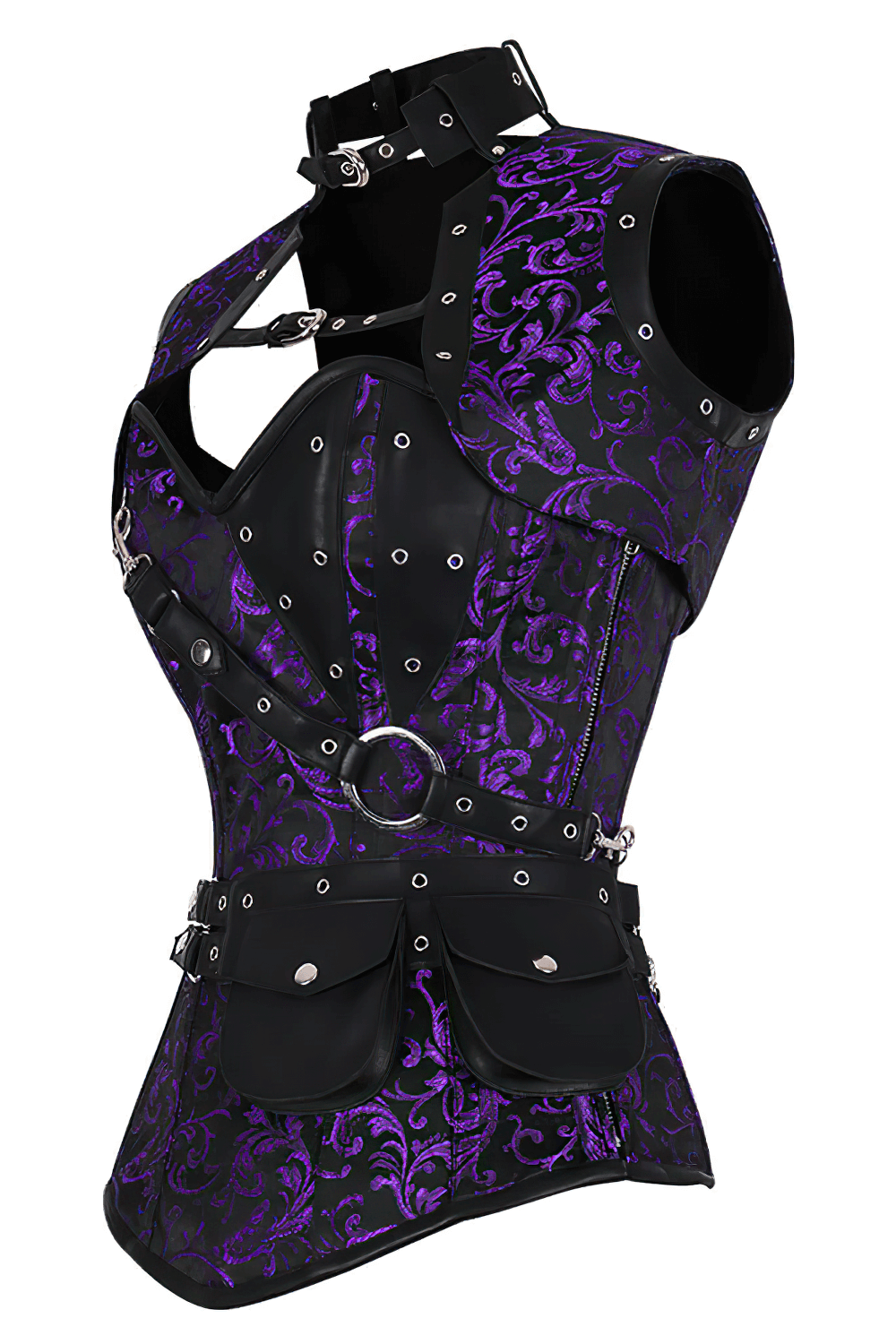 Alt Tag: Elegant Purple Steampunk Overbust Corset With Shrug purple brocade steel-boned lace-up corset with faux leather trim and detachable pouch