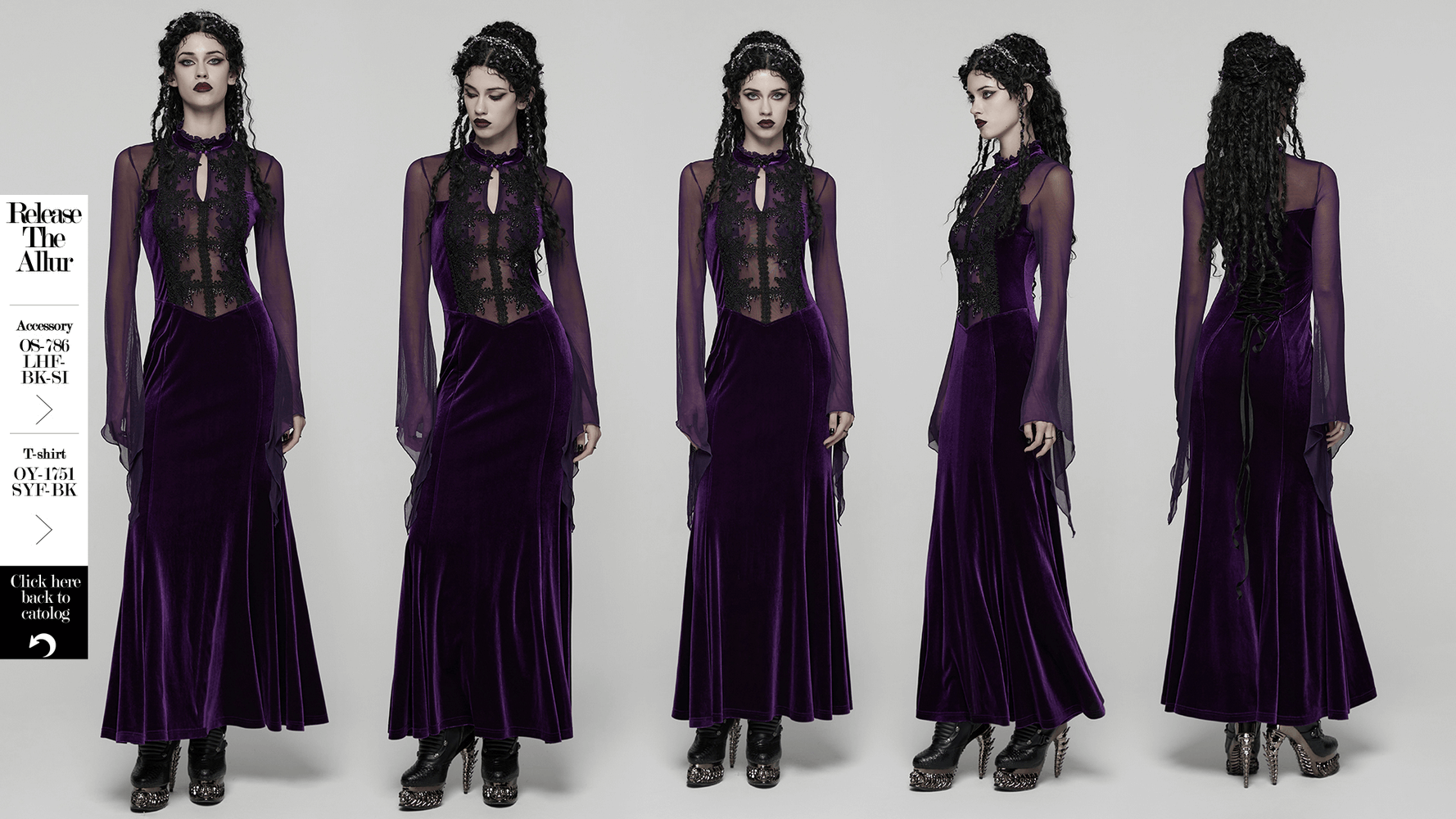 Elegant Purple Velvet Maxi Dress with Lace and Mesh in a gothic style with ruffled neckline and flowing cuffs.