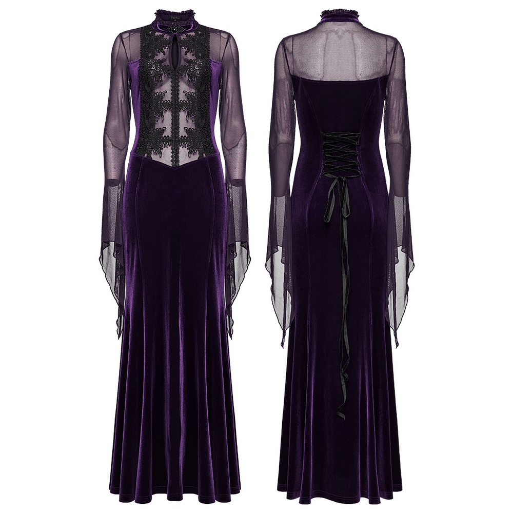 Elegant Purple Velvet Maxi Dress with Lace and Mesh, featuring ruffled neckline and flowing cuffs.