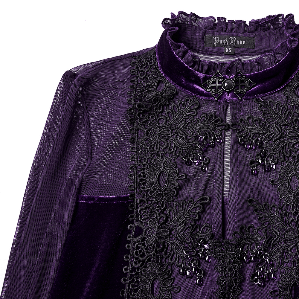 Elegant Purple Velvet Maxi Dress with Lace and Mesh featuring intricate lace and velvet details.