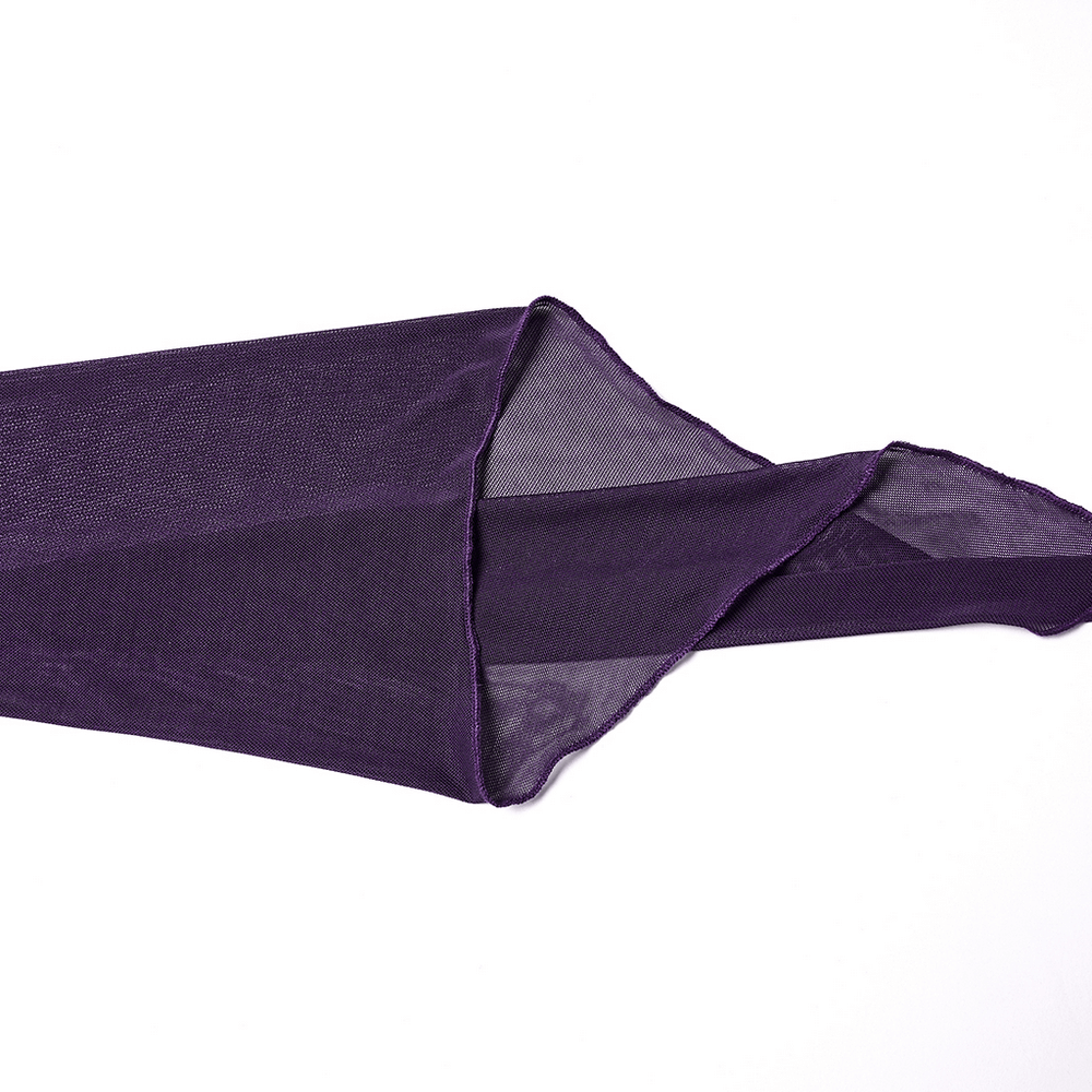 Elegant Purple Velvet Maxi Dress with Lace and Mesh fabric swatch showcasing rich purple mesh texture.