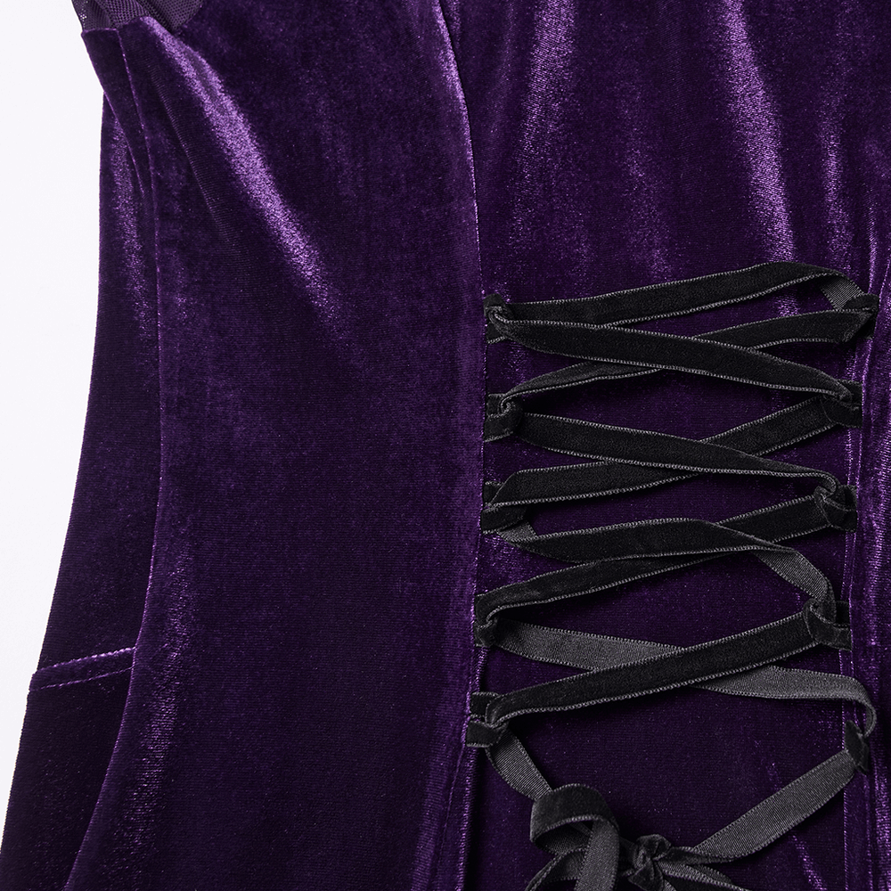 Elegant Purple Velvet Maxi Dress with Lace and Mesh detailed lace-up side view