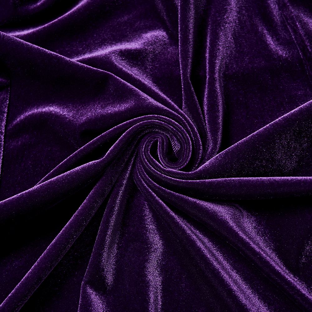 Elegant Purple Velvet Maxi Dress with Lace and Mesh fabric close-up showcasing rich purple velvet texture.