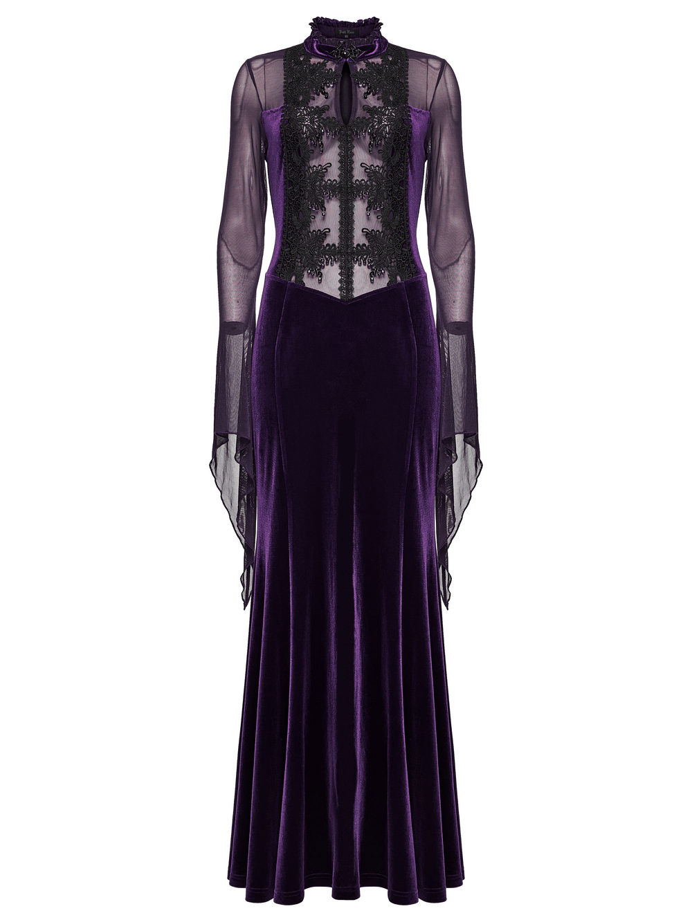 Elegant Purple Velvet Maxi Dress with Lace and Mesh - stunning goth vintage style with ruffled neckline and flowing cuffs.
