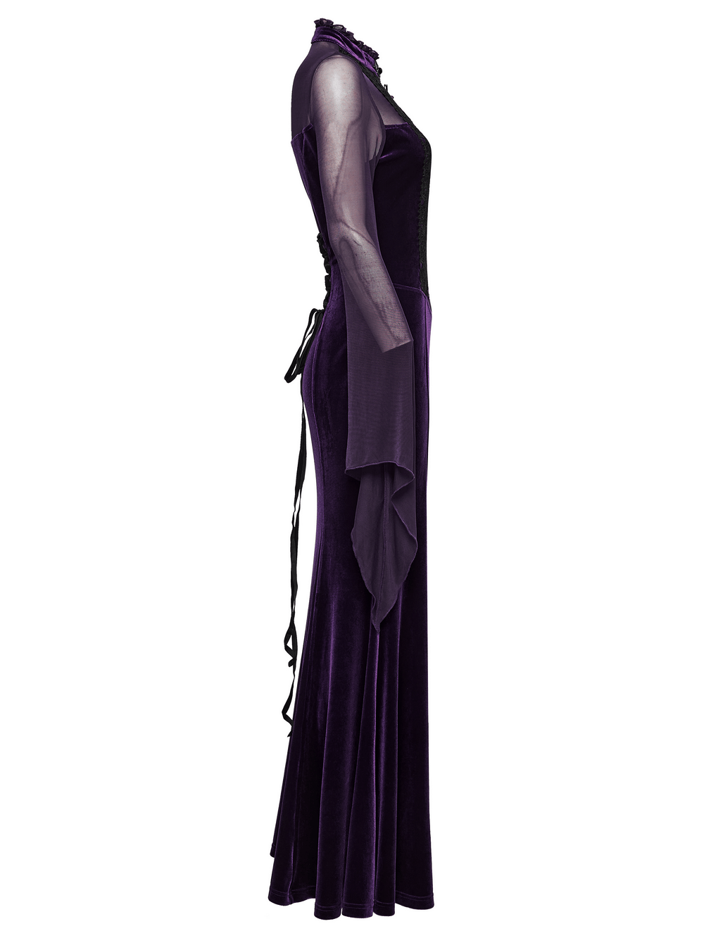 Elegant Purple Velvet Maxi Dress with Lace and Mesh showing ruffled neckline and flowing cuffs.