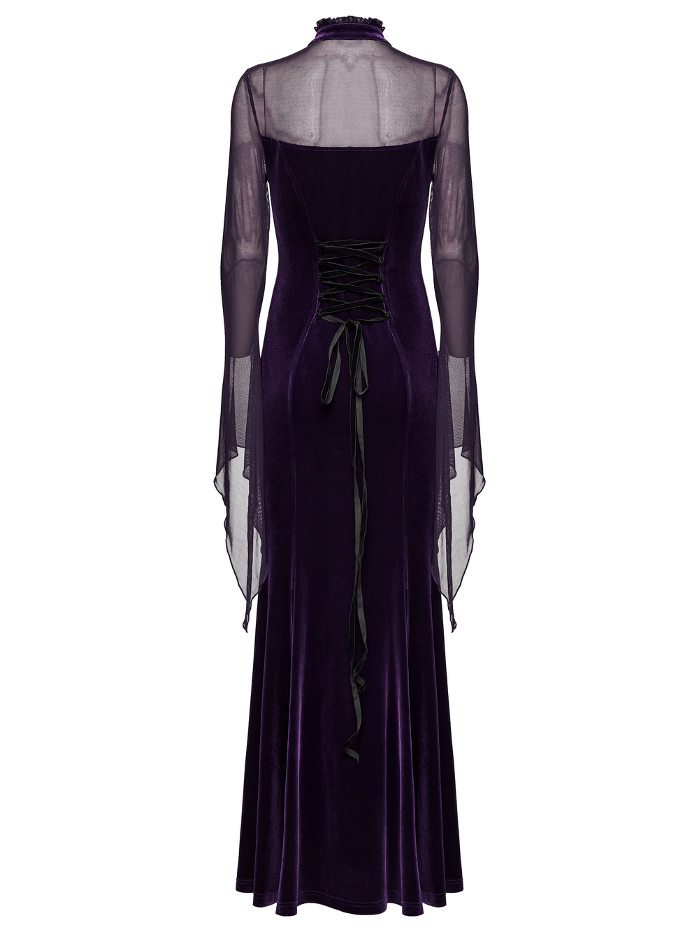 Elegant Purple Velvet Maxi Dress with Lace and Mesh - back view showcasing ruffled neckline and flowing sleeves.