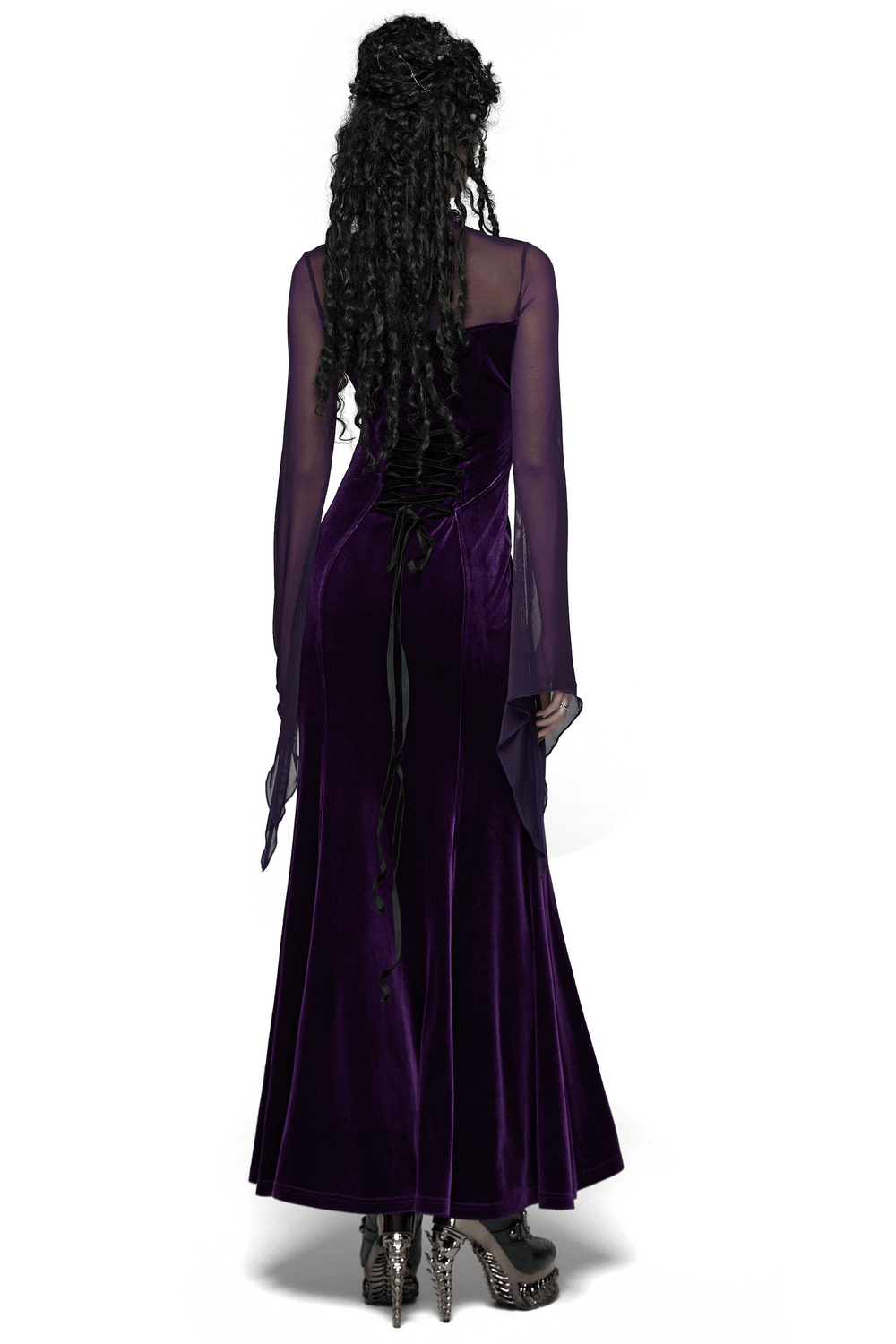Elegant Purple Velvet Maxi Dress with Lace and Mesh, showcasing a ruffled neckline and flowing silhouette.
