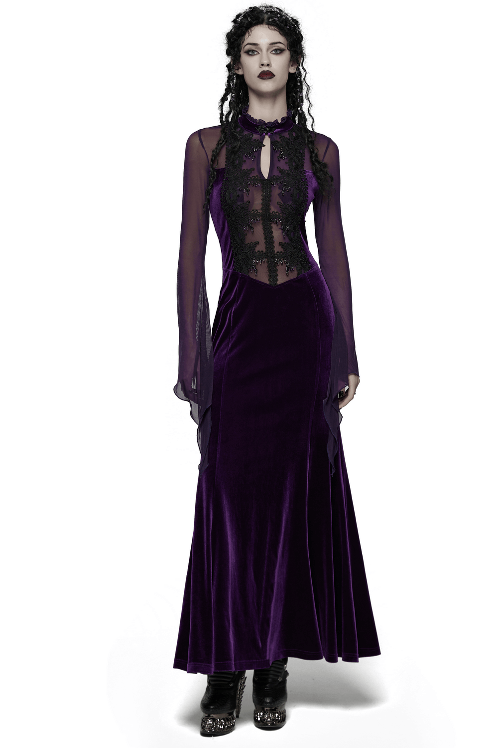 Elegant Purple Velvet Maxi Dress with Lace and Mesh showcasing rich velvet and lace details for gothic elegance.