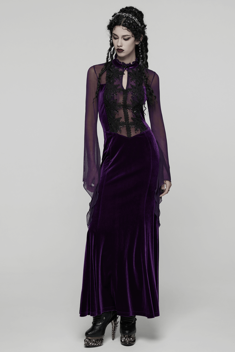 Elegant Purple Velvet Maxi Dress with Lace and Mesh worn by a model showcasing gothic elegance.