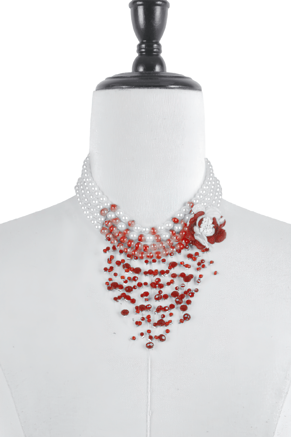 Elegant Red and White Beaded Lace Goth Necklace showcased on a mannequin with intricate beadwork and lace details.