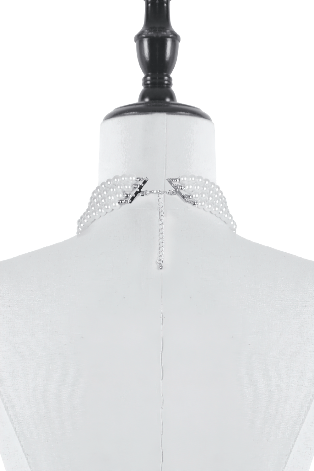 Elegant Red and White Beaded Lace Goth Necklace displayed on a dress form from the back, showcasing its intricate design.