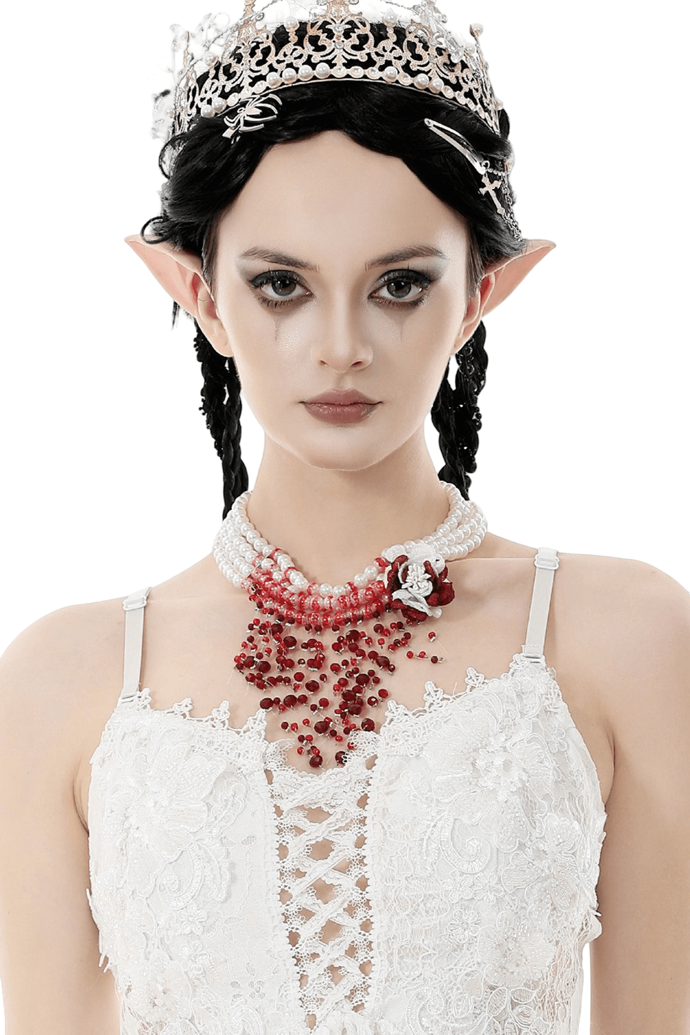 Elegant Red and White Beaded Lace Goth Necklace worn by model with crown and lace dress.