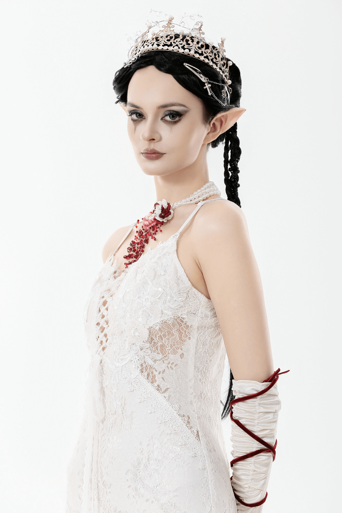 Elegant Red and White Beaded Lace Goth Necklace worn by a model in an ethereal white dress and crown.