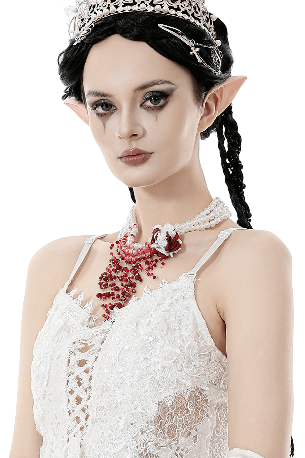 Elegant Red and White Beaded Lace Goth Necklace worn by an elegant model with ethereal features.