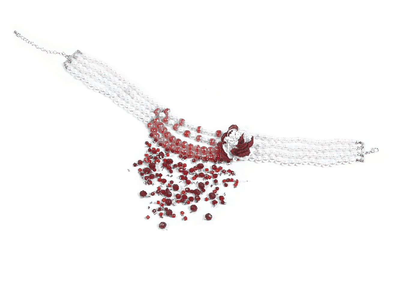 Elegant Red and White Beaded Lace Goth Necklace with striking red beads and intricate lace detailing.