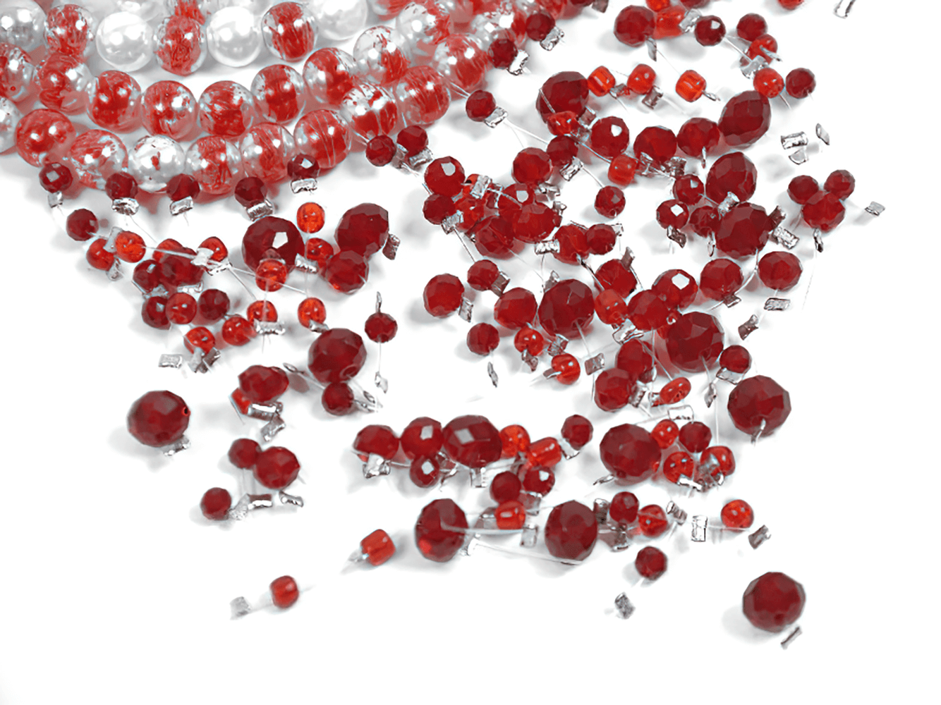 Elegant Red and White Beaded Lace Goth Necklace featuring sparkling red and white beads elegantly displayed.