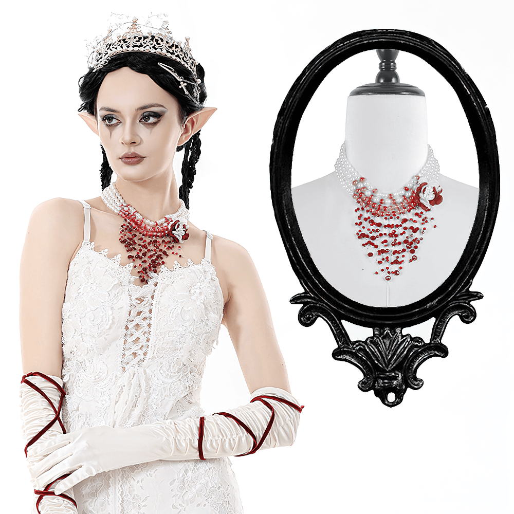 Elegant Red and White Beaded Lace Goth Necklace worn by a model in a gothic-inspired outfit, displayed in a frame.