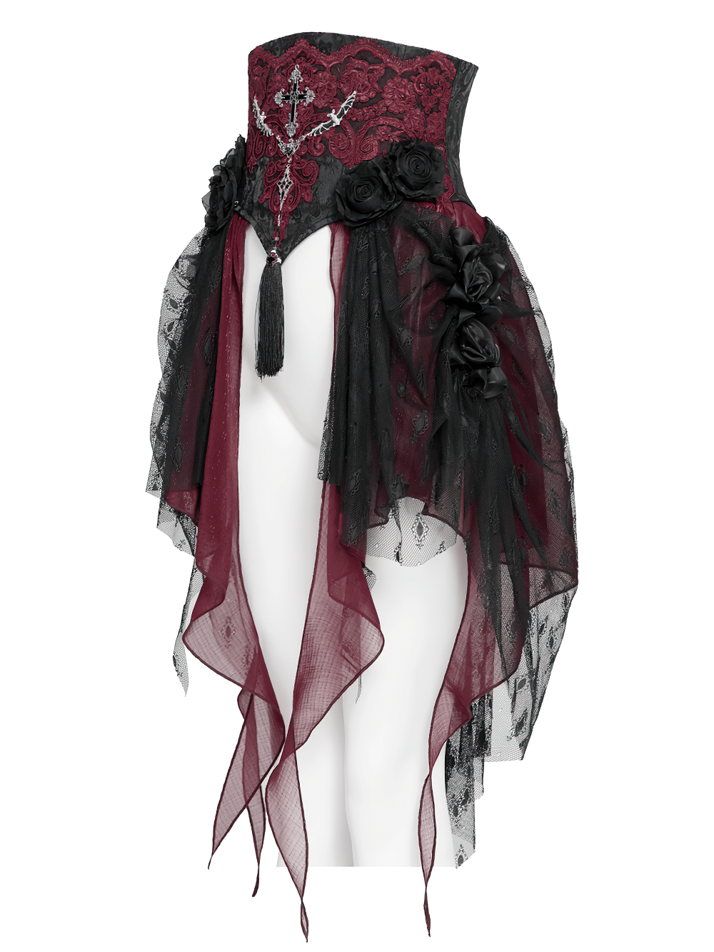 Alt Tag: Elegant Red-Black Gothic Lace Corset Belt with Overskirt featuring embroidered cross waist panel, black roses, and cascading mesh train skirt