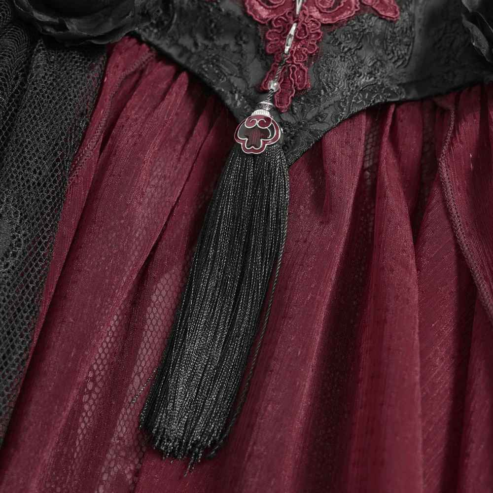 Alt Tag: Elegant Red-Black Gothic Lace Corset Belt with Overskirt close-up, embroidered waist panel with ornate cross detail and cascading mesh layers