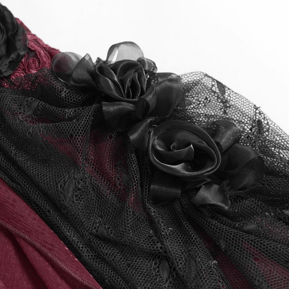 Alt Tag: Elegant Red-Black Gothic Lace Corset Belt with Overskirt close-up of black lace mesh and rose appliqués on red Victorian train