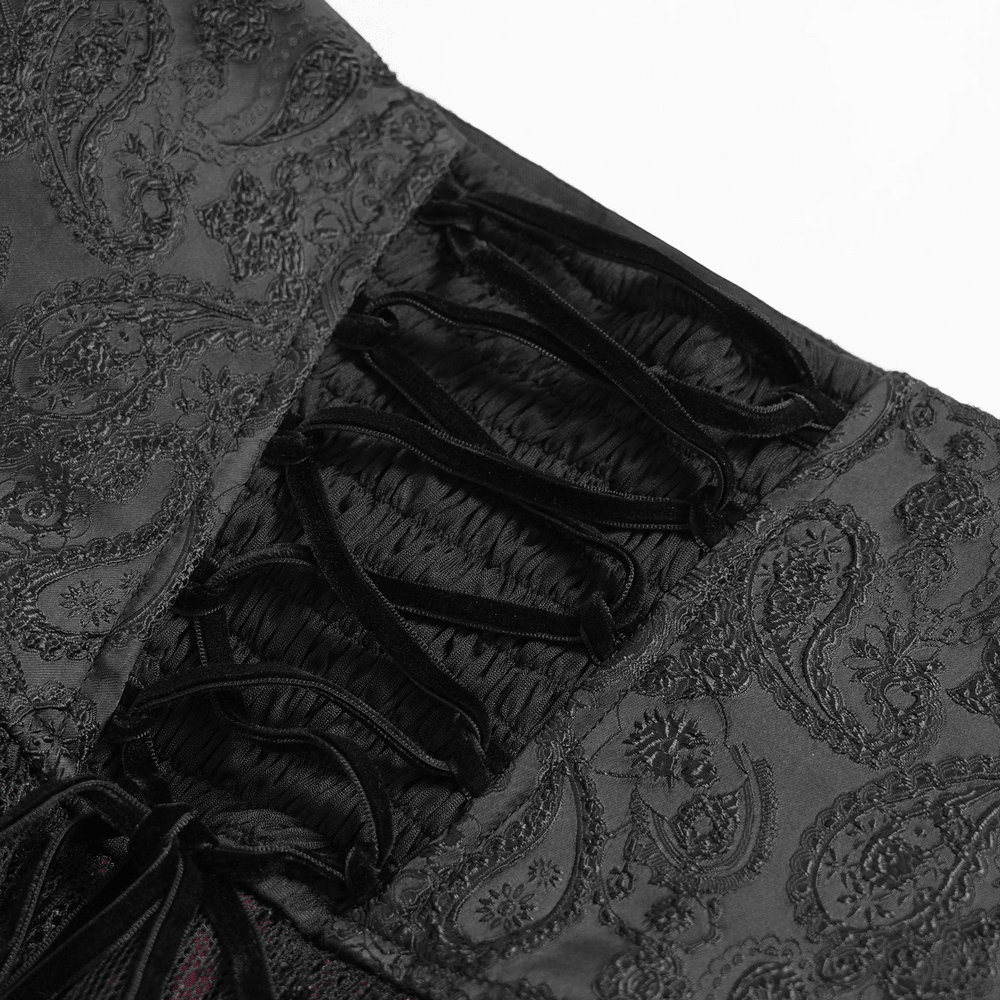 Alt Tag: Elegant Red-Black Gothic Lace Corset Belt with Overskirt close-up of black embroidered waist panel with corset lacing and paisley brocade