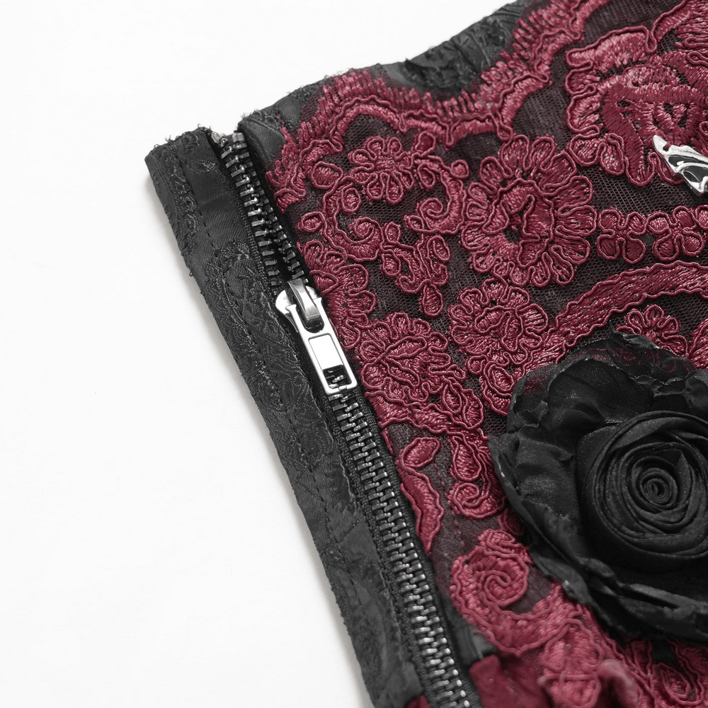Elegant Red-Black Gothic Lace Corset Belt with Overskirt close-up of red embroidered lace, black zipper trim, and black rose detail