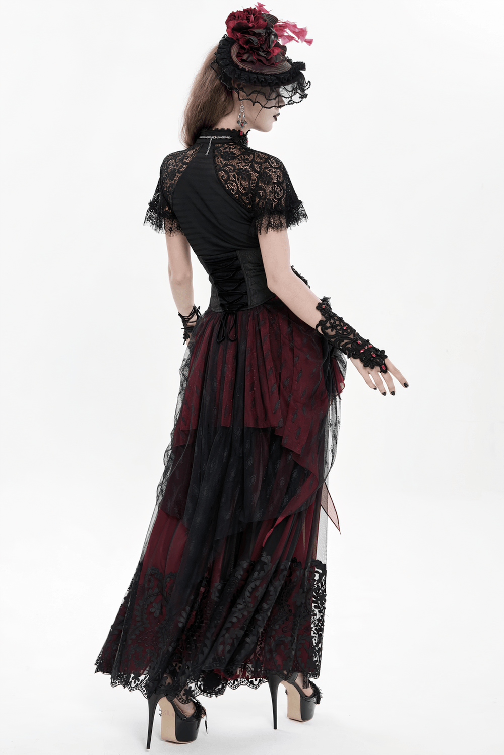 Alt Tag: Elegant Red-Black Gothic Lace Corset Belt with Overskirt on model, Victorian dark romance lace train skirt, red-black gothic bustle look