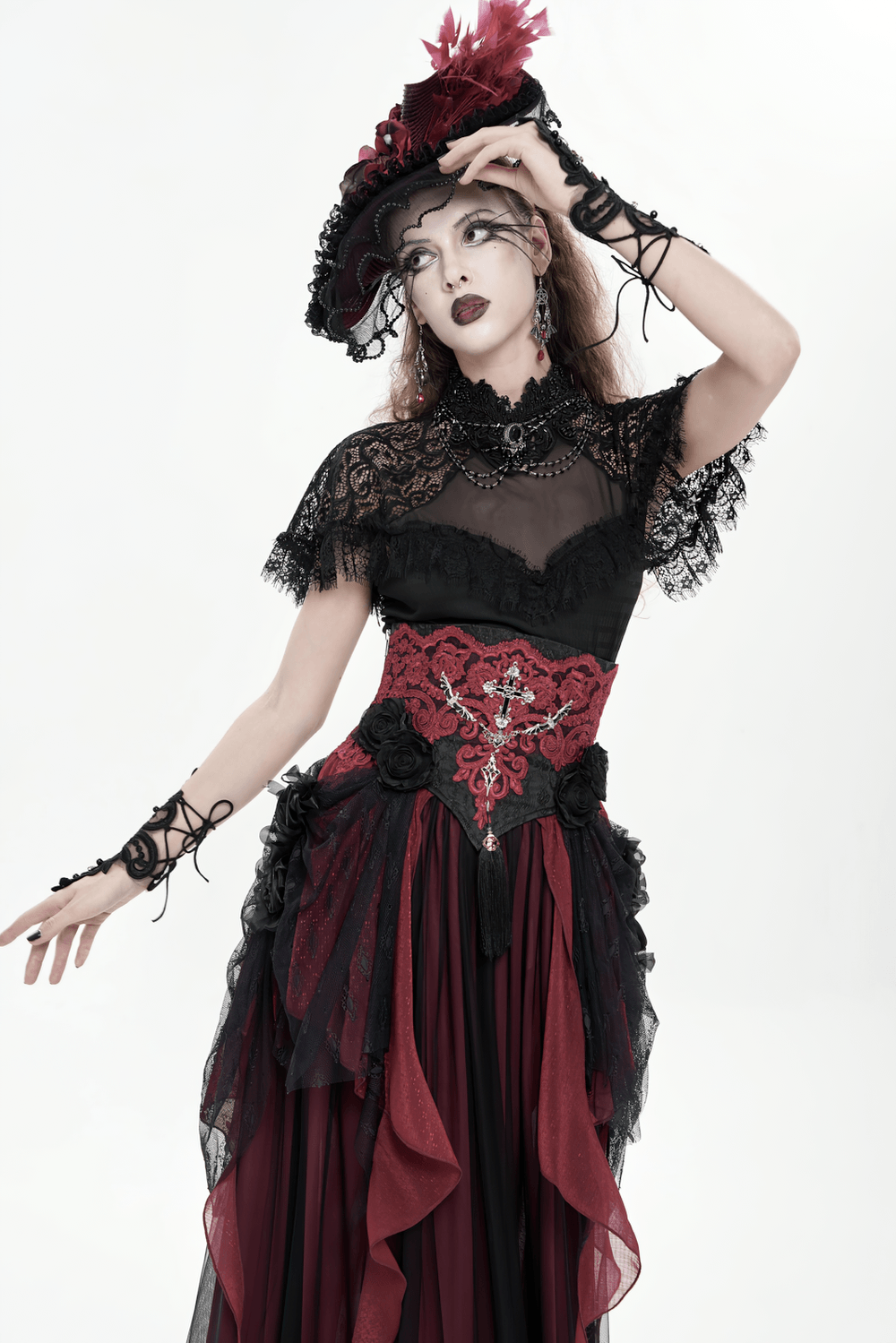 Elegant Red-Black Gothic Lace Corset Belt with Overskirt worn with Victorian lace blouse, dramatic red-black bustle train skirt, gothic romance outfit