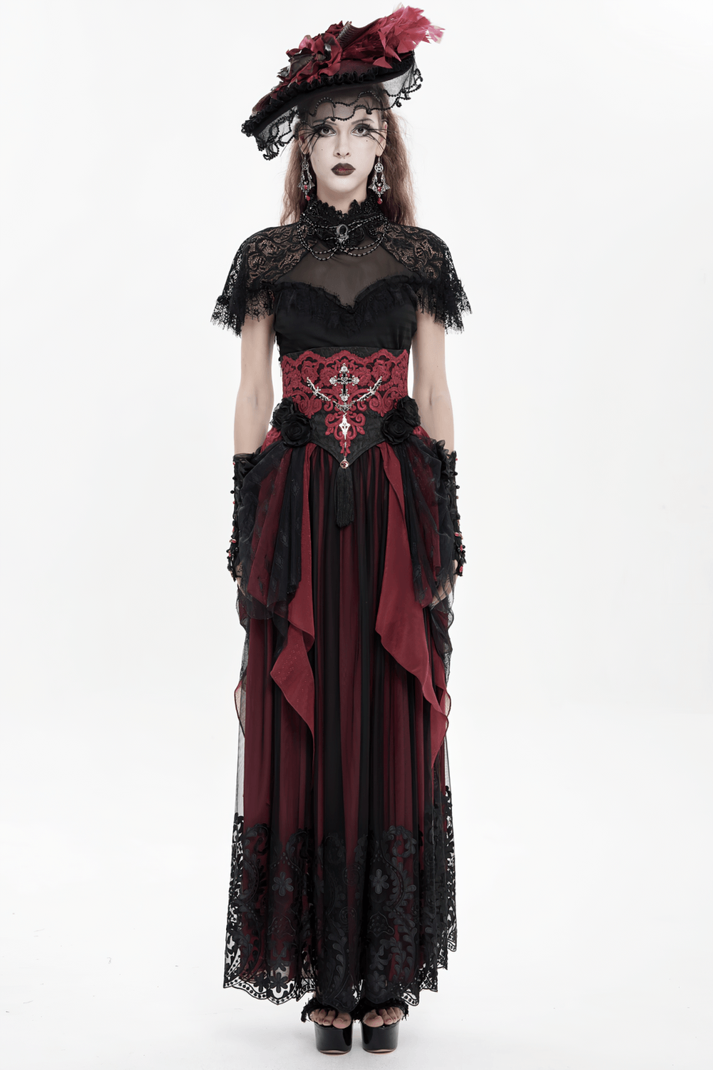 Elegant Red-Black Gothic Lace Corset Belt with Overskirt worn with Victorian dark romance red-black lace dress, draped bustle train skirt