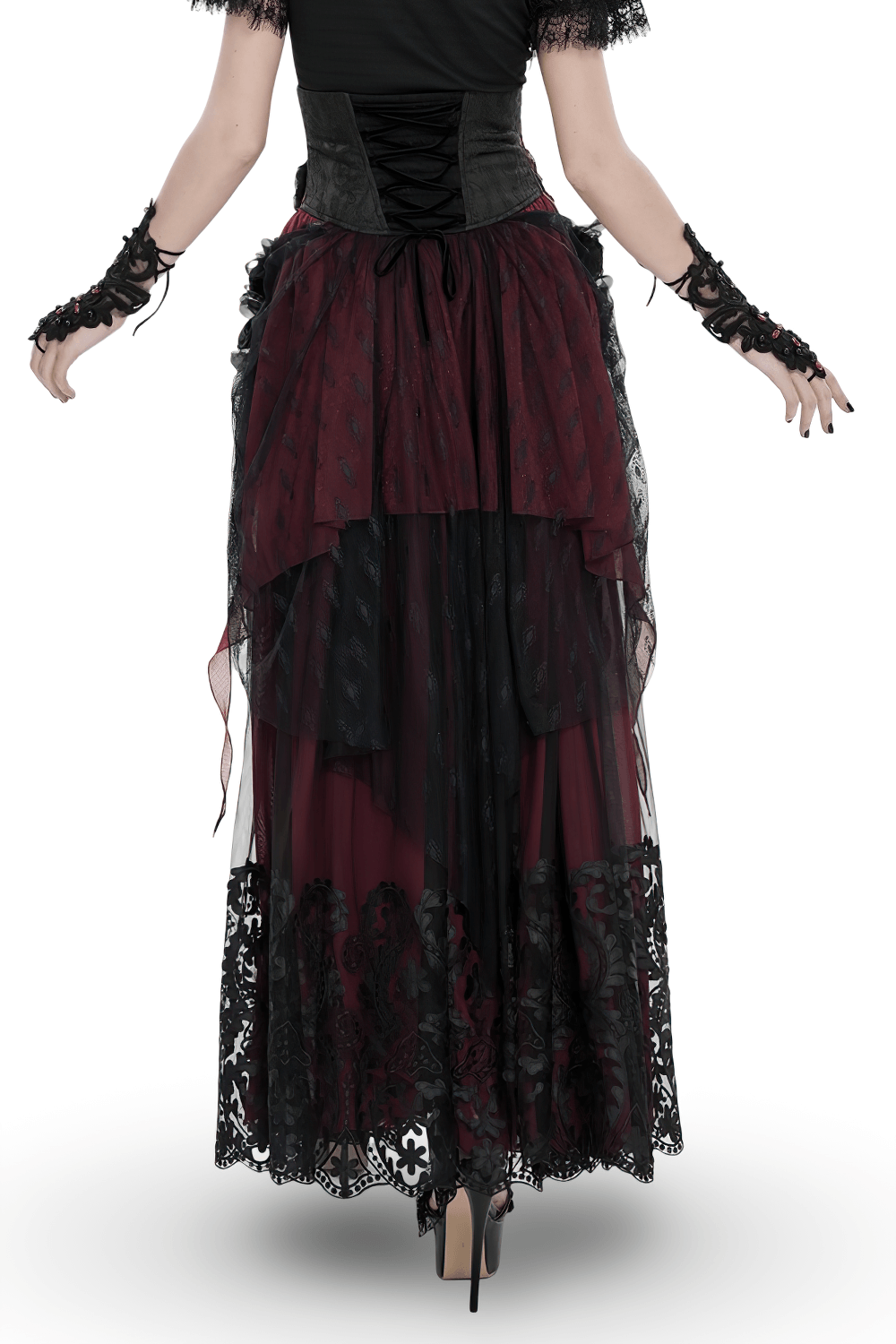Alt Tag: Elegant Red-Black Gothic Lace Corset Belt with Overskirt on model, Victorian lace waist cincher train skirt with burgundy mesh layers
