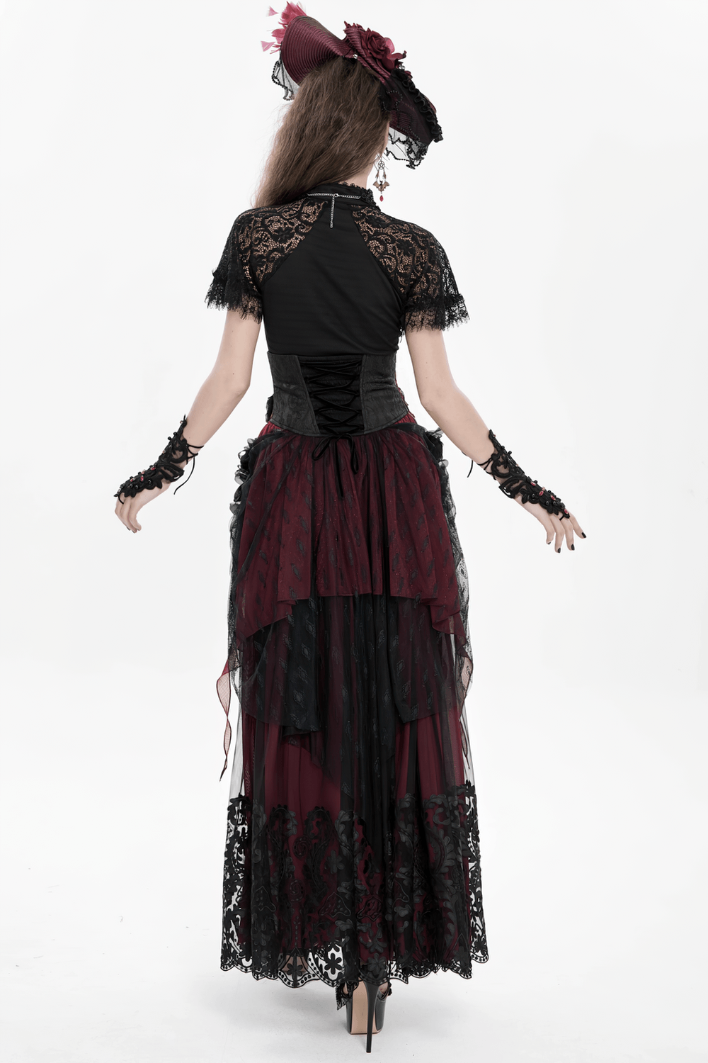 Alt Tag: Elegant Red-Black Gothic Lace Corset Belt with Overskirt on model, back view Victorian lace waist cincher train skirt